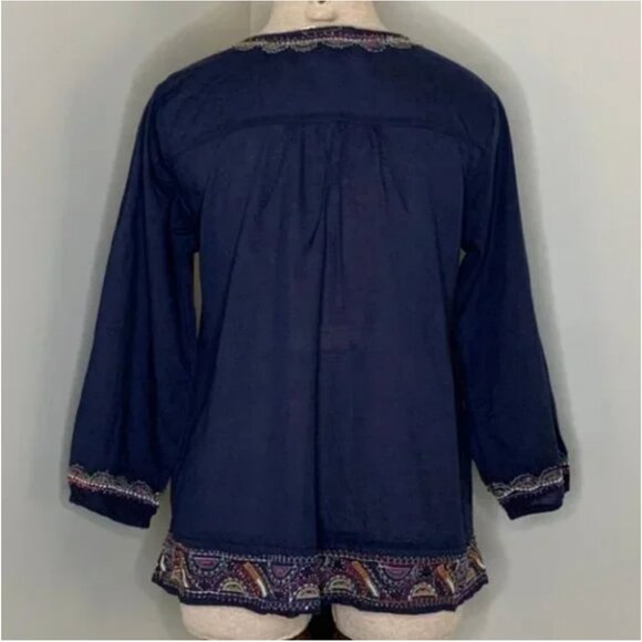 Solitaire Boho Blue Embroidered and Beaded Split Neck Tunic With Tassel Ties Med - Picture 2 of 8